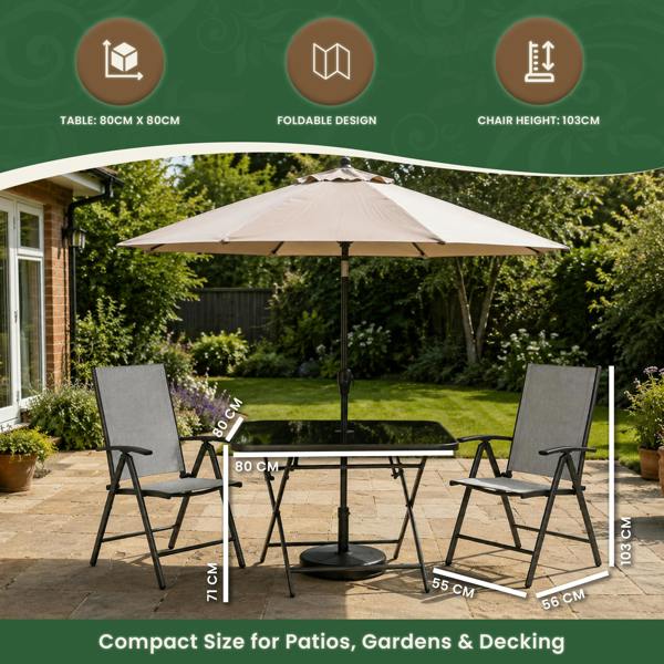 The Garden Marketplace Garden Dining Set – 2 Seater Folding Table & Reclining Chairs with Parasol Hole, Tempered Glass Top, Brown Textoline