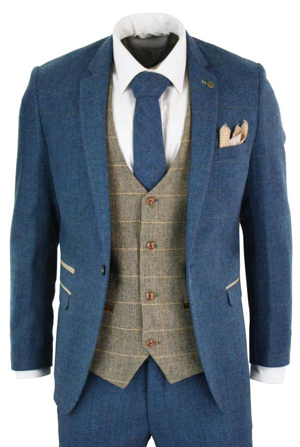 Marc Darcy Mens 3 Piece Blue Tweed Vintage Suit