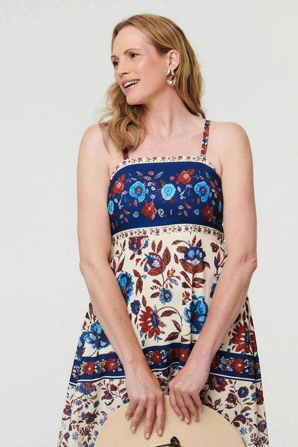 Navy | Floral Border Sleeveless Cami Midi Dress