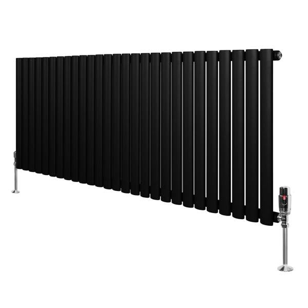 Sleek black oval single column radiator with vertical bars and polished valves, measuring 600mm x 1620mm, ideal for modern spaces
