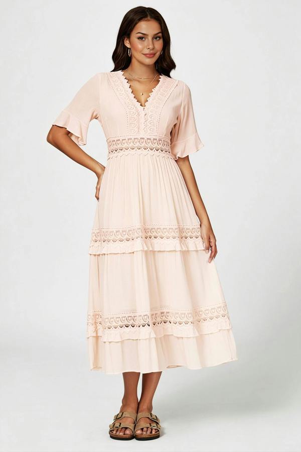 FS Collection V Neck Lace Detail Midi Dress In Soft Champagne