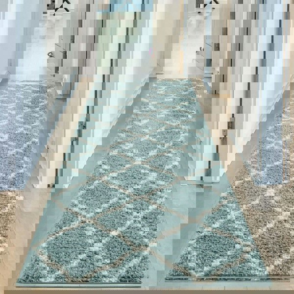 Moroccan Design Thick Shaggy Area Rugs Duck Egg Blue