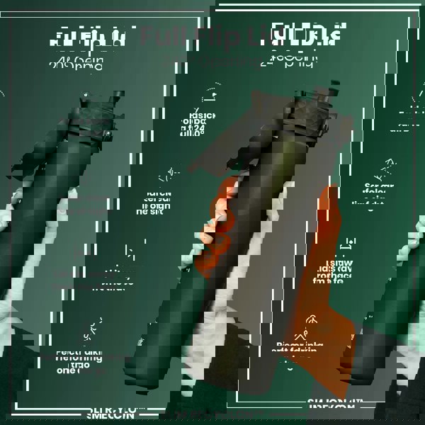 A black water bottle, with its 240° flip lid open, is held in a hand. The bottle is shown against a dark green background; text highlights features like a safer drinking angle, and suitability for on-the-go use. SLIM RECYCLON™ is also shown.