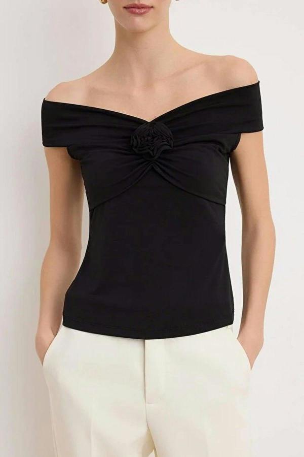 WOVCOR Fitted Stretch Knit Blouse with Rose Detail
