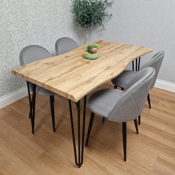 Kosy Koala Rustic Wood-Effect Wavy Dining Table Set with 4 Grey Velvet Chairs, 140X80x75cm