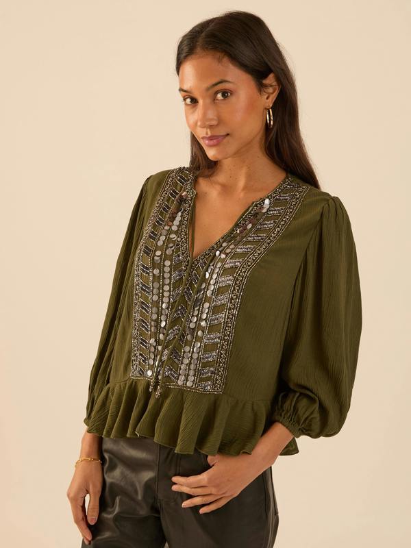Rose & Nancy Hailey Khaki Frill Mirror Embellished Blouse