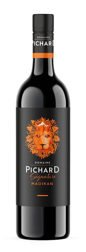 Wine bottle Domaine Pichard Madiran Signature with a black label featuring a lion emblem on a white background