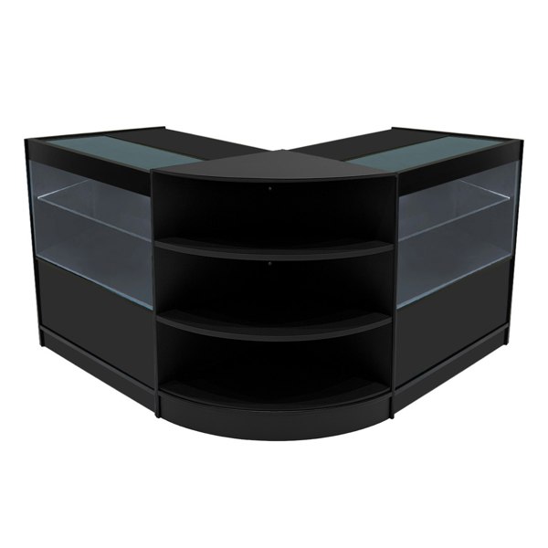 Black Andromeda LED shop counter set with curved design, glass display shelves, and modern finish, ideal for retail spaces