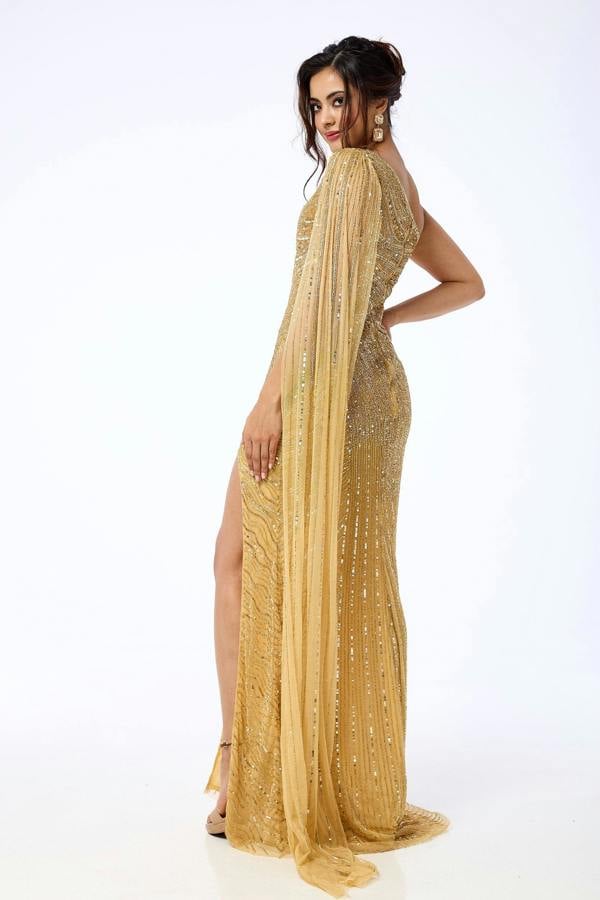LuvForever Orelena - Gold One Shoulder Drape Sequin Maxi Dress