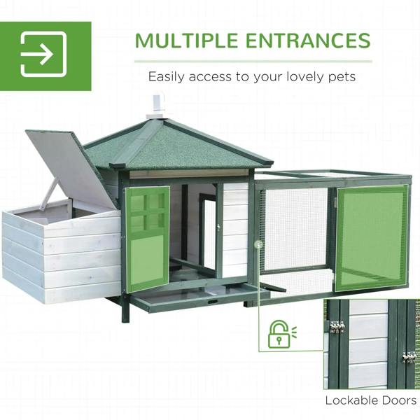 Green and white chicken coop with multiple entry doors and lockable access
