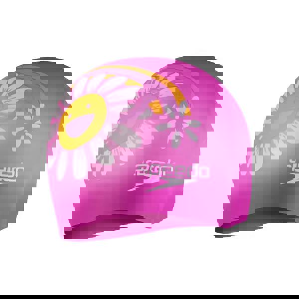 Pink Speedo junior slogan print silicone swim cap with daisy design