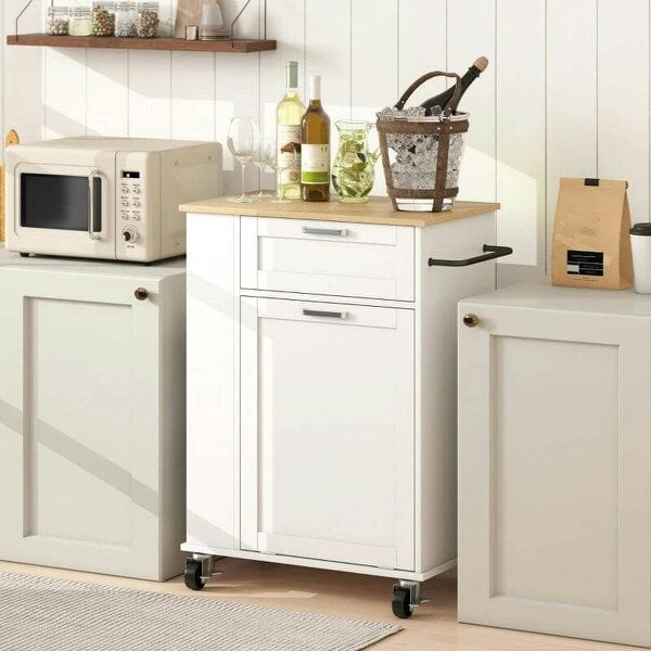 Kitchen Storage Trolley on Wheels, Rolling Kitchen Island with 2 Drawers, Tilt-Out Rubbish Cabinet and Storage, White