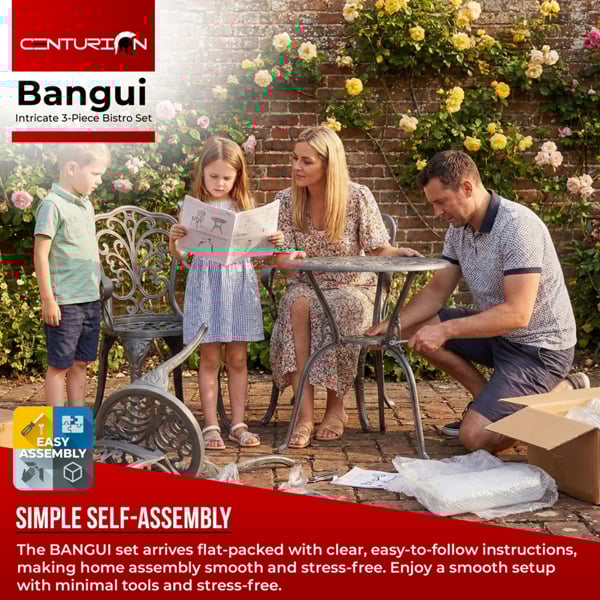 Centurion Supports BANGUI Grey Luxurious Garden and Patio Table and 2 Large Chairs with Armrests Cast Aluminium Bistro Set