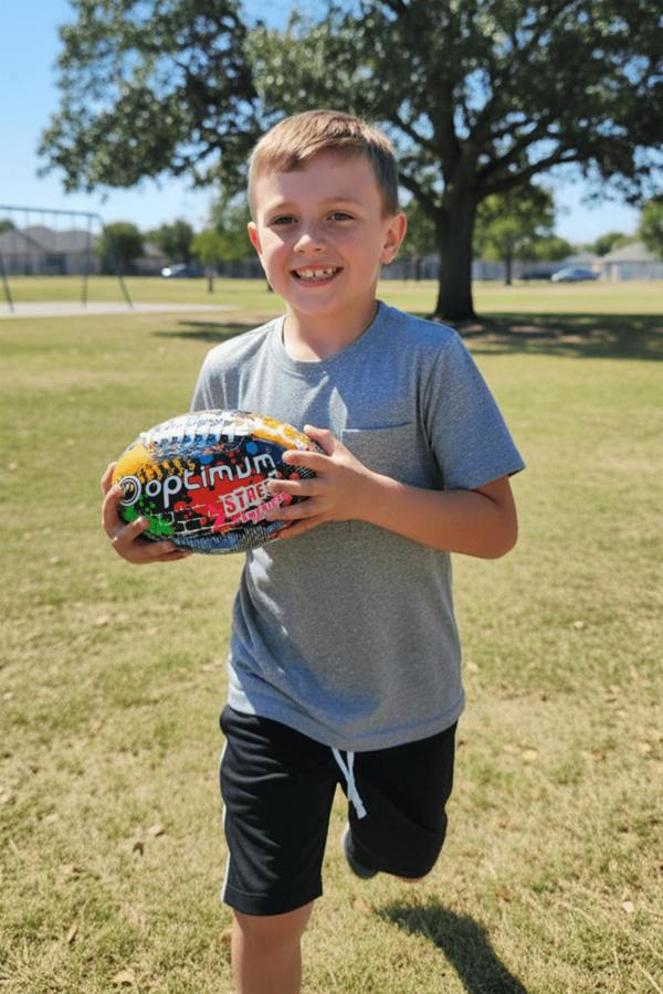 Young boy in a park holding the multicoloured Optimum Street American football - Optimum