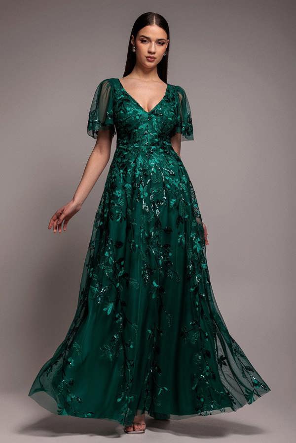 Flared Sleeve Embroidered Maxi Dress - Emerald Green DR3279