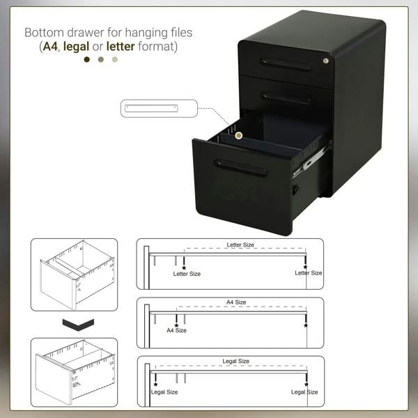 Black lockable file cabinet showing bottom drawer opening and label slots