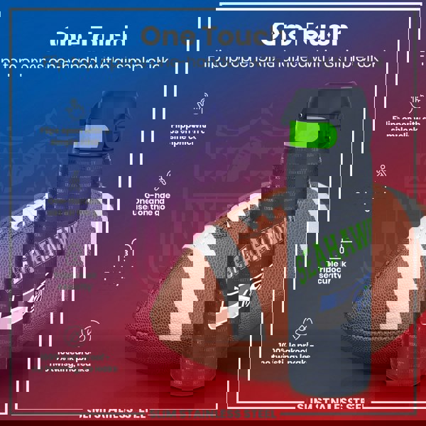 A slim stainless steel water bottle, featuring a flip top that opens one-handedly, rests near a football. The bottle is decorated with repeated "Seahawks" and "Emerald City" text.