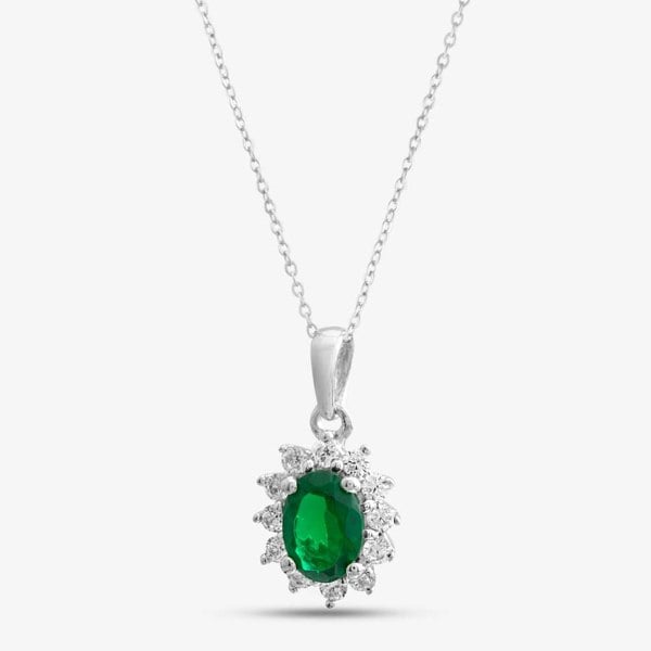 T. H. Baker 9ct White Gold Oval Cut Emerald & Cubic Zirconia Halo Necklace D152307WG