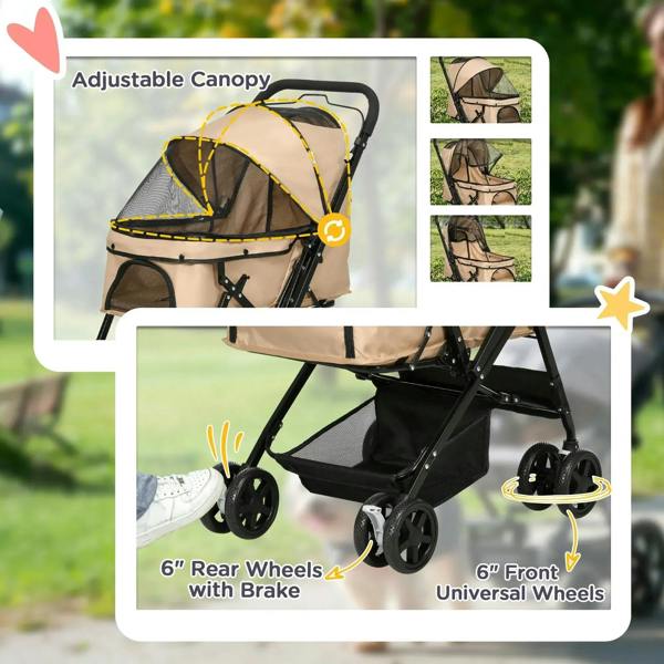 Beige pet stroller with adjustable canopy, 6-inch front and rear wheels with brake.