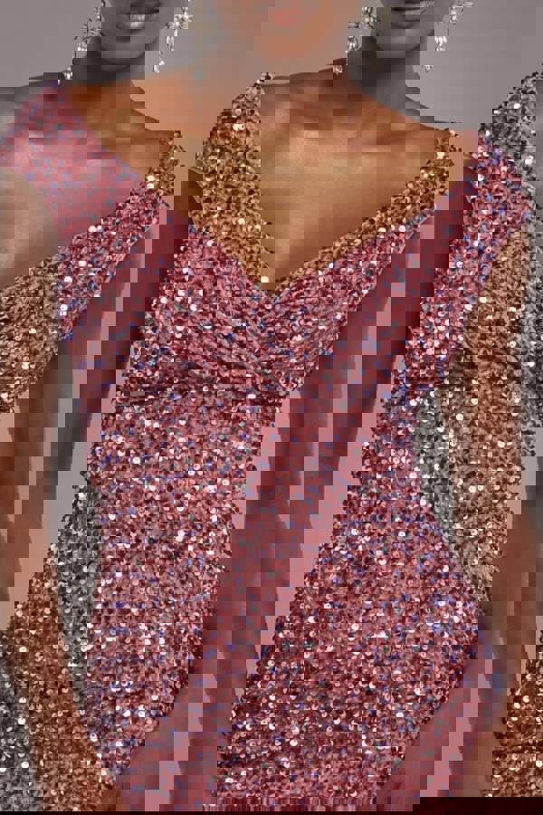 Multi Sequin & Velvet Bardot Midi Dress - Blush Pink DR3550
