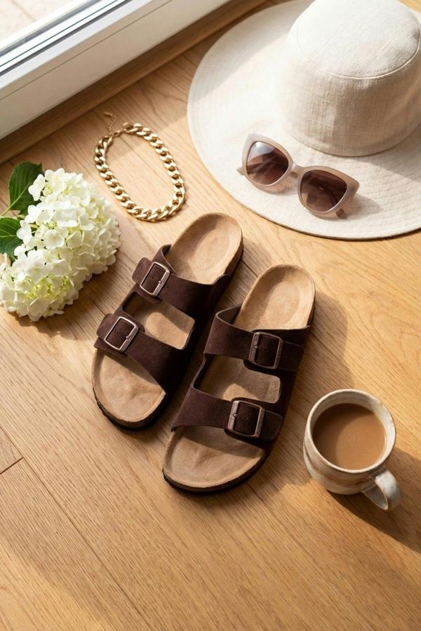 Harper Womens Double Buckle Cork Slide Sandals - BROWN