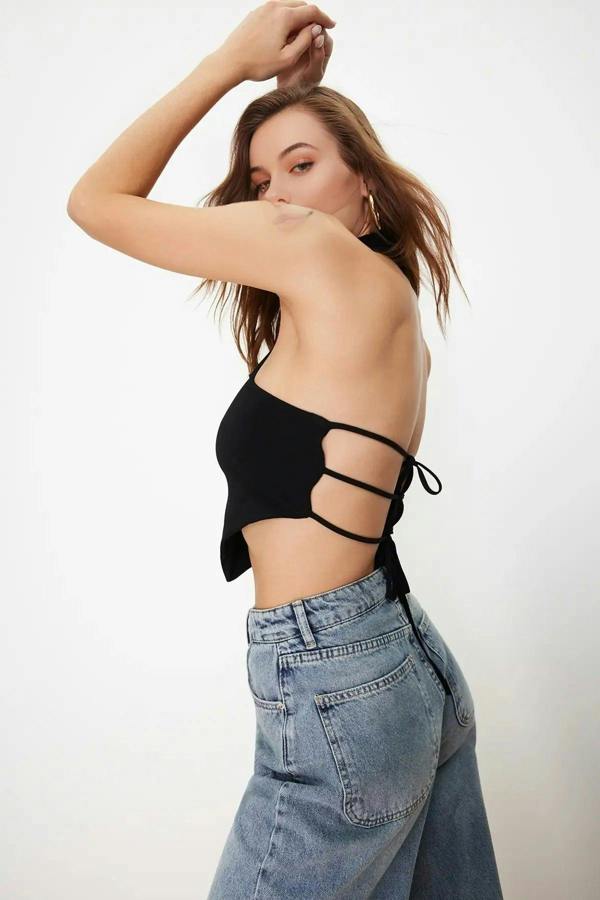 WOVCOR High Neck Crop Blouse with Back Detail and Off-Shoulder Design