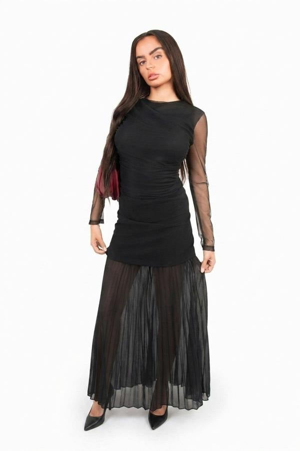 Maelys Mesh Long Sleeve Ruched Longline Top - Black_wb