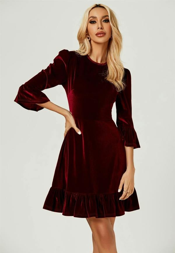 FS Collection Velvet Frill Detail Mini Dress In Wine