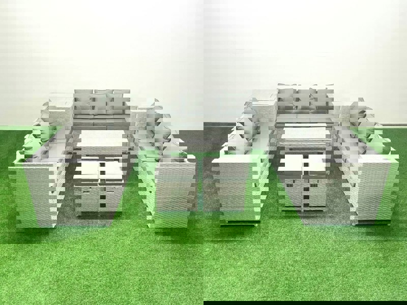 Fimous Rattan Garden Outdoor Furniture Set 11 Seater Garden Sofa Oblong Coffee Table Set with 2 Small Footstool Side Table Light Grey Mixed