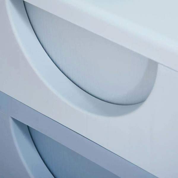 Close-up of blue plastic curved drawer handles on a 3-tier storage unit