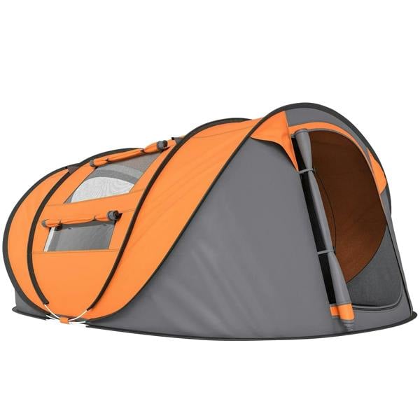 Orange and dark gray 4-person pop-up camping tent with dual doors and side windows