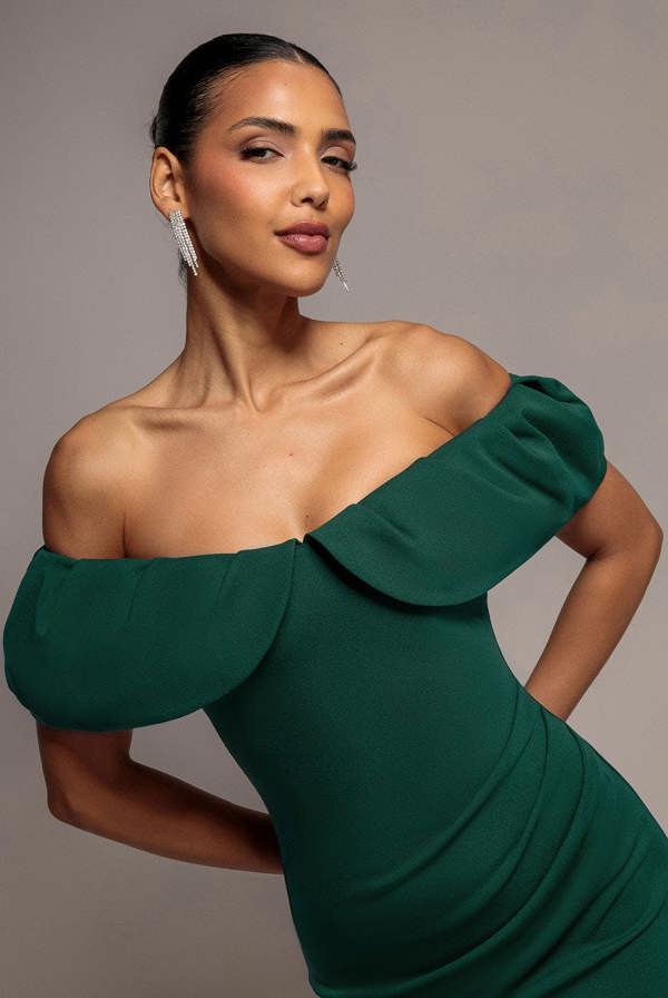 Scuba Crepe Pleated Bardot Midi Dress - Emerald Green DR3980