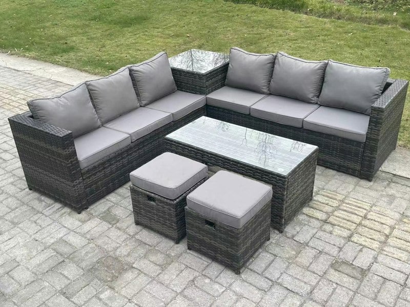 Fimous 8 Seater Rattan Corner Sofa Set With Square Side Table And Oblong Rectangular Coffee Tea Table 2 Stools Dark Grey Mixed