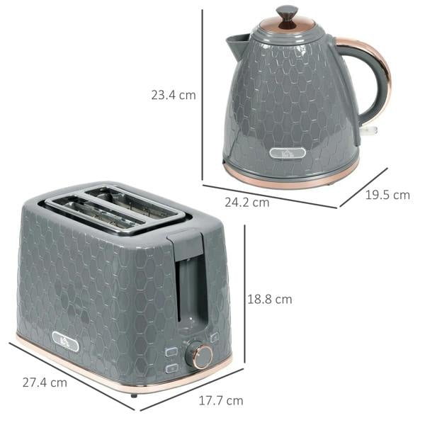 Grey kettle and toaster set with front controls and side steam spout