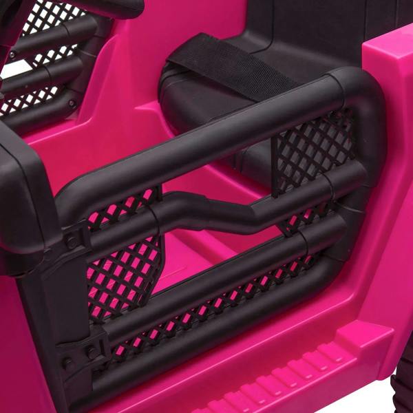Pink kids ride-on off-road car with black roll bar and textured grille details
