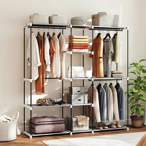Portable Wardrobe, Open Clothes Wardrobe with 8 Shelves, 3 Hanging Rails, Light Grey - Light Grey