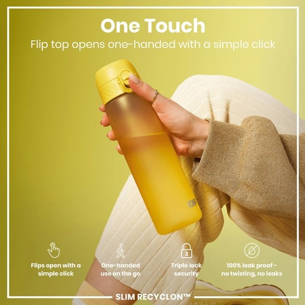 A yellow water bottle is being held; its flip top opens with one hand. The bottle is in the hand of a person wearing a beige sweater against a yellow background. The text reads: "One Touch. Flip top opens one-handed with a simple click." Further information details the bottle’s features.