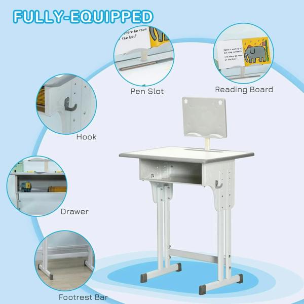 Kids adjustable desk set with grey pen slot, reading board, drawer, hook and footrest