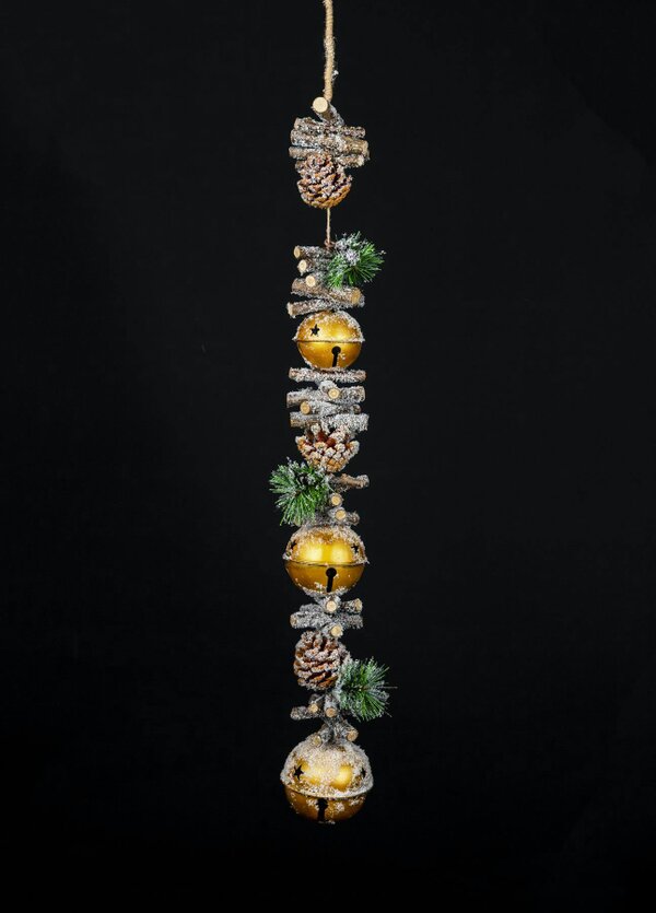 Shatchi 90cm Golden Christmas Hanging Decoration with Jingle Bells, Wooden Sticks, Pinecones and Berries