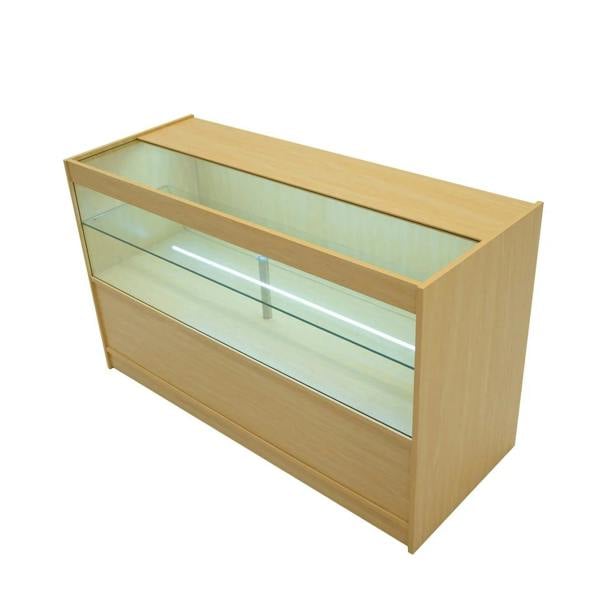 Adonis LED Shop Counter Set in maple finish, featuring a sleek design with glass display top and spacious storage below