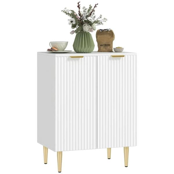 White ribbed sideboard cabinet with adjustable shelves, gold legs, two-door storage