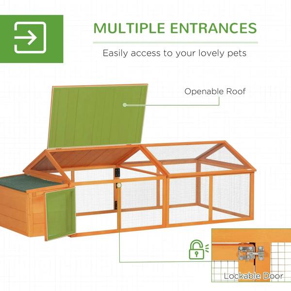 Orange wooden chicken coop with openable roof and lockable door on wire-mesh panels.