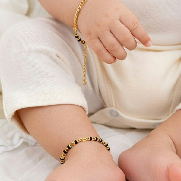 The Colourful Aura Gold Plated Three Ball Black Bead Kids Nazar Bracelet
