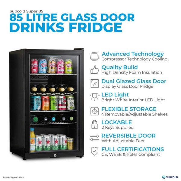 Subcold Super 85 litre under counter black beer fridge features infographic