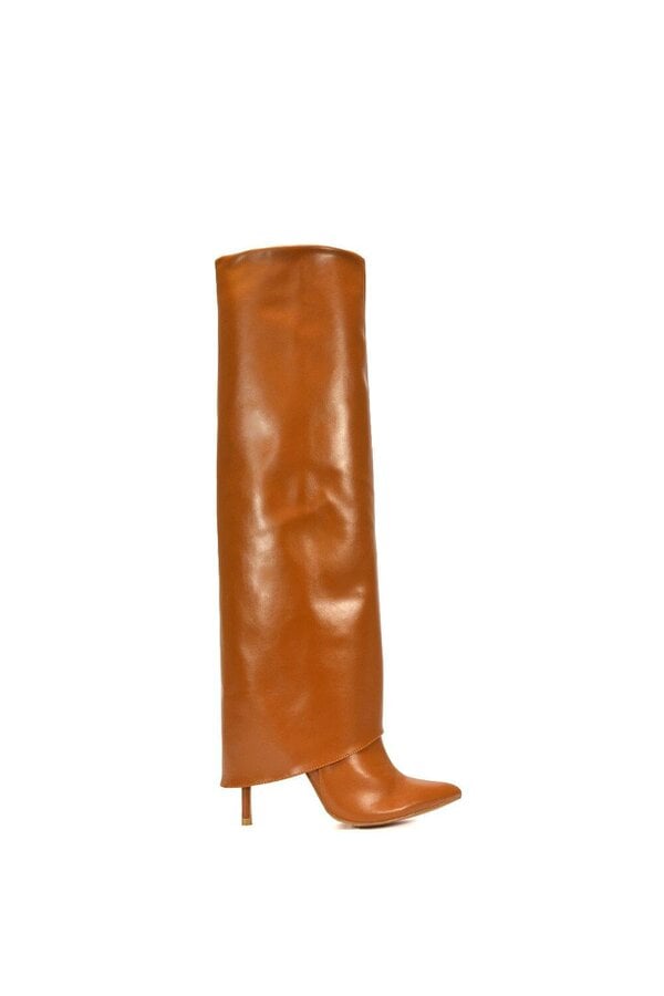 XY LONDON Foldover Knee High Boots With Stiletto Heel - Tan