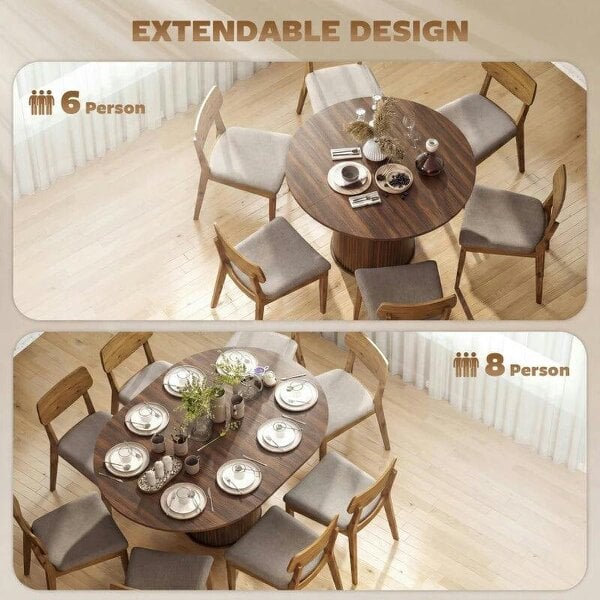 Extendable Round Dining Table Kitchen Table Hidden Leaf Storage Pedestal Base Seats 6-8 110-150 cm Dark Walnut