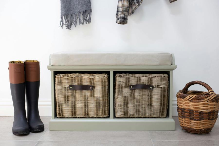 Statement Furniture Tetbury Bench with 2 Brown Storage Baskets and Cushion Seat