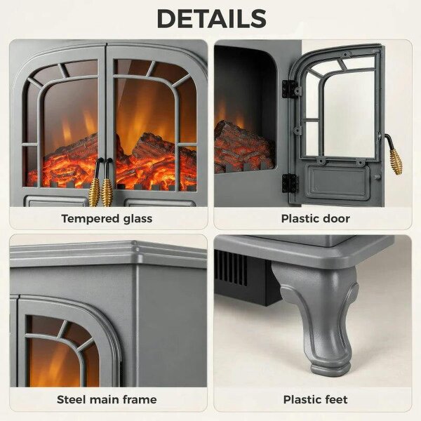Freestanding Electric Fireplace Stove Heater with LED Fire Flame Effect Grey