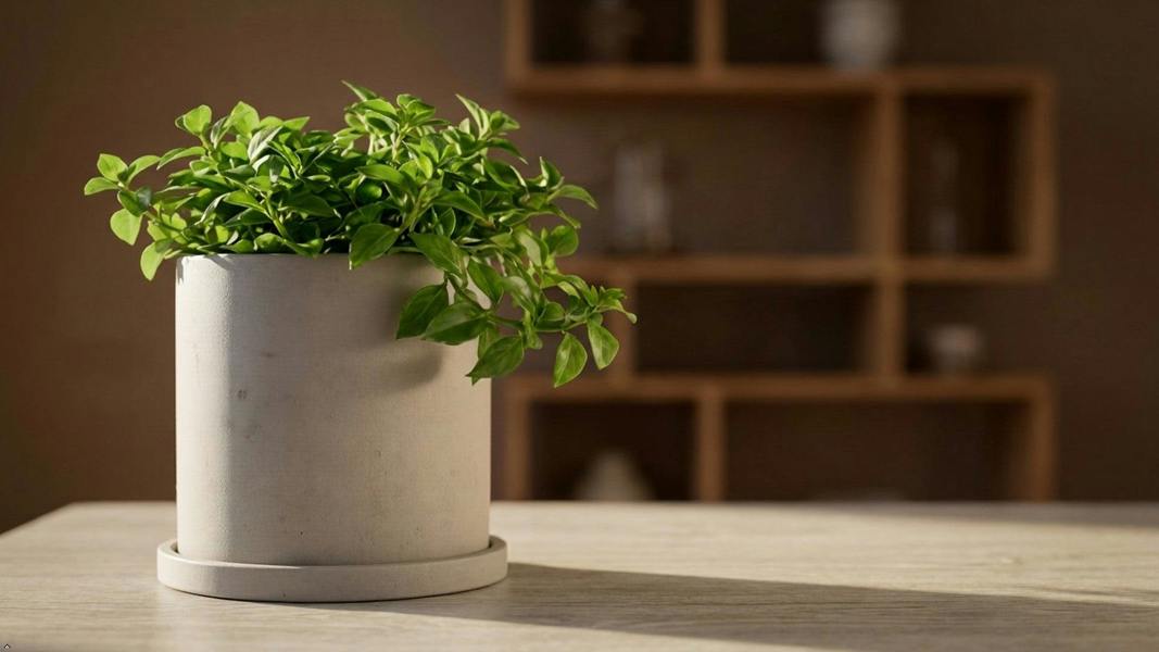 Potted plant on a wooden stool with a neutral background