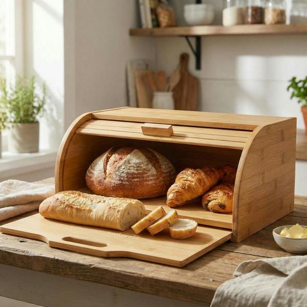 Maison des Cadeaux Bamboo Bread Box with Slide-Out Chopping Board